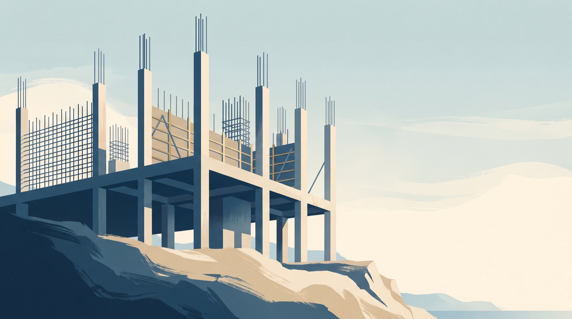 Ilustración editorial: un esqueleto de concreto armado en construcción, con columnas, vigas y acero de refuerzo