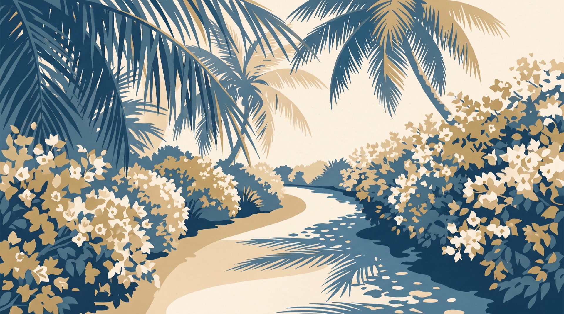 Ilustración editorial: una caminería de arena entre trinitarias floridas y palmeras