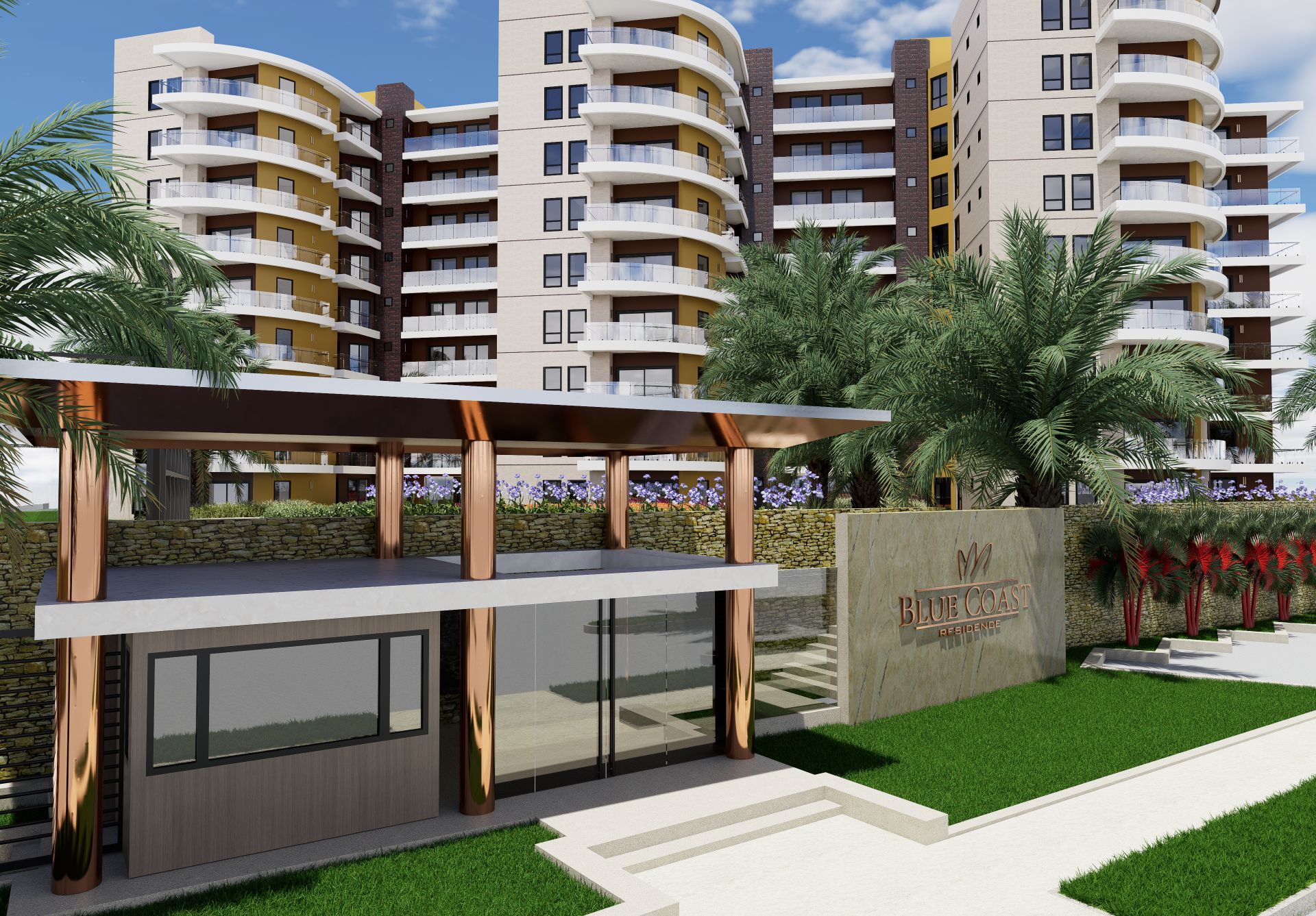 La caseta de acceso al conjunto, con el letrero de Blue Coast Residence